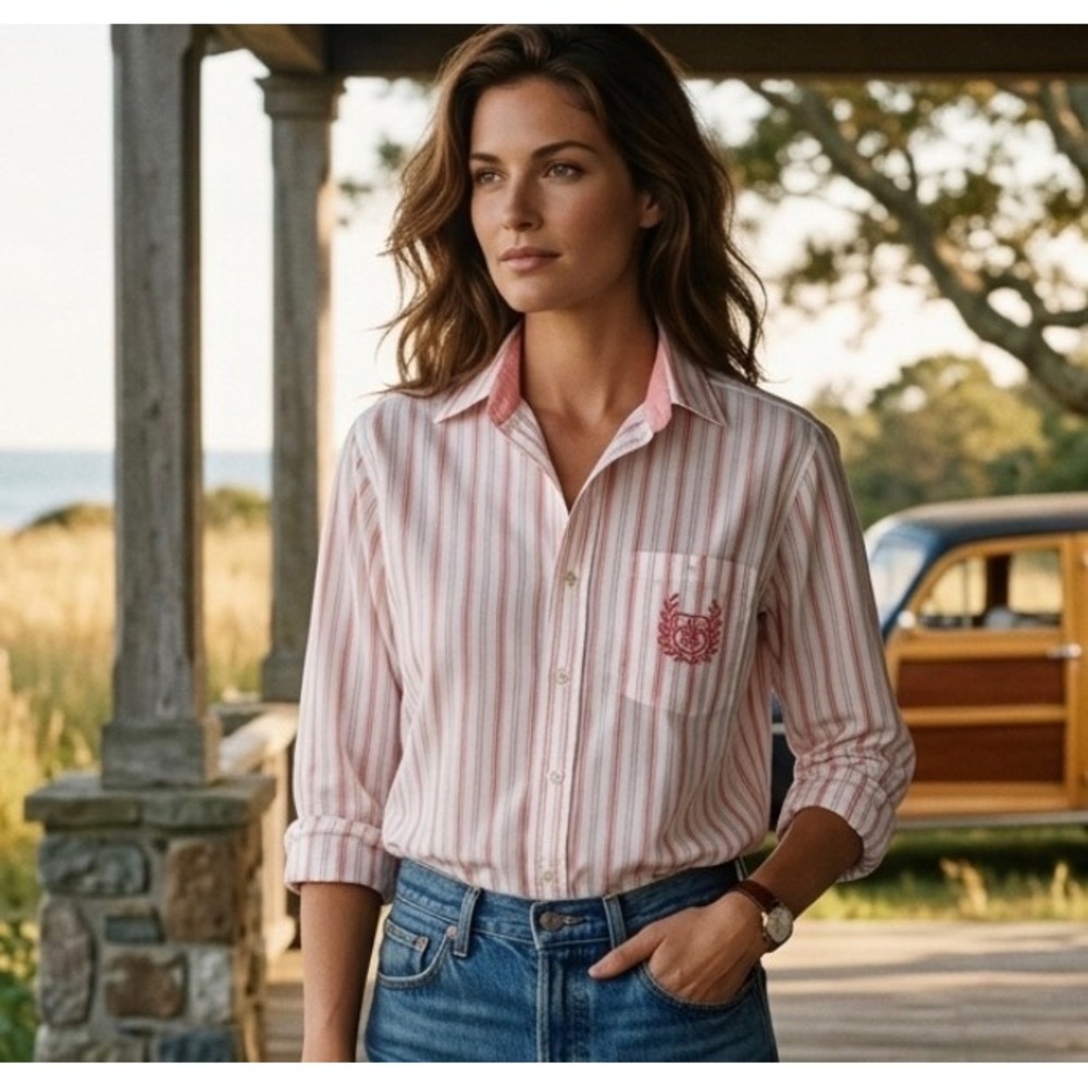 VTG Preppy Coral Striped Shirt women M(12) Embroidered Crest Sakura Fleur-de-Lis